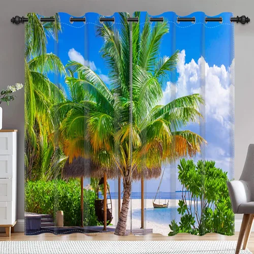 Vista 12 de Renaiss Cortinas opacas junto al mar, palmera de coco, tropical, para ventana de playa, dormitorio, cortinas de ventana con ondas oceánicas azules