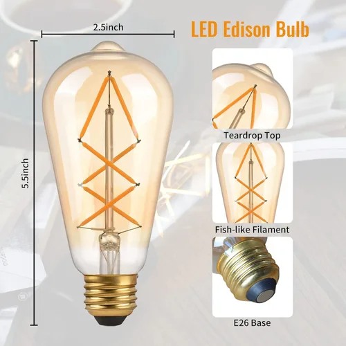 Vista 6 de OMED - Bombillas LED Edison regulables de estilo vintage, ST64 2700K, blanco suave, filamento de espinas de pescado, bombillas Edison antiguas