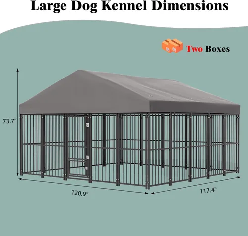 Vista 3 de Perrera grande para perros exterior de 10 x 10 pies, jaula resistente con puerta de alimentación, corrida de perro al aire libre con techo