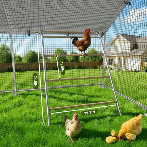 Vista 8 de Gallinero de metal grande con perca de gallo, jaula para aves de corral al aire libre con malla de alambre resistente y cubierta resistente a