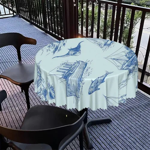 Vista 5 de Mantel redondo con patrón náutico, tela impermeable, reutilizable, lavable, a prueba de derrames, resistente a las arrugas, para cocina, boda