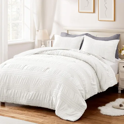 BYSURE Seersucker Quick-Dry Summer Comforter Set 2 Pieces(White, Twin), Non Plastered on Skin When Sweat, Breathable Lightweight Bedding for Hot