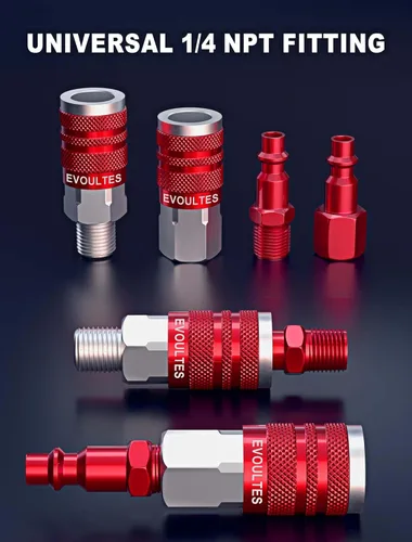 Vista 3 de EVOULTES 16 Piezas Juego Universal de Accesorios y Acoplado de Manguera de Aire de 1/4" NPT, Aluminio Ligero Con Enchufe de Conexión Rápida