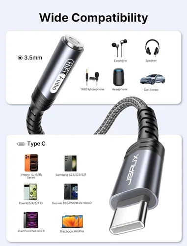 Vista 5 de JSAUX Adaptador USB C a conector de audífonos hembra de 6/64" (3.5 mm) para audio auxiliar, compatible con Samsung Galaxy S23, S23+, S23 Ultra, S22