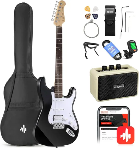Donner DST-100B - Kit para principiantes de guitarra eléctrica de 39 pulgadas, cuerpo sólido, tamaño completo, negro, HSS para principiantes, con