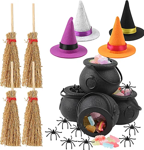 FOIMAS 37 piezas de sombreros de bruja mini caldero de caramelo negro y escobas de bruja para Halloween, accesorios de manualidades, decoración de