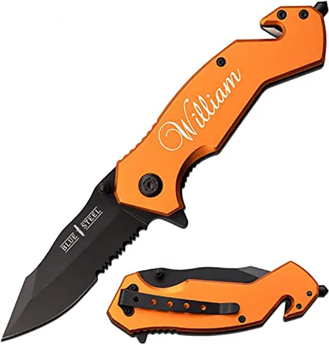 Vista 10 de GIFT INFINITY Navaja de bolsillo personalizada con grabado gratuito – Hoja de acero inoxidable media serrada, mango recubierto de titanio negro