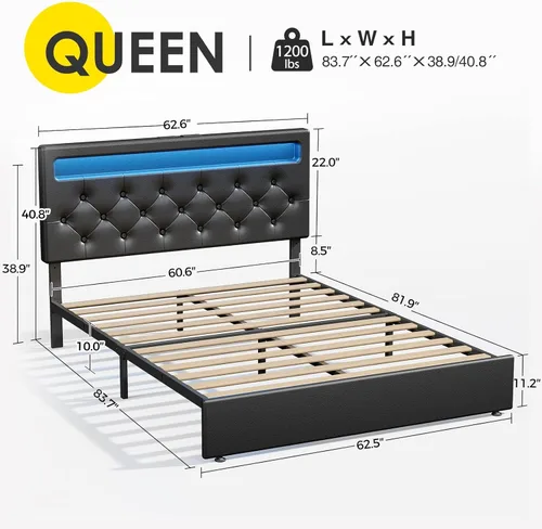 Vista 2 de Rolanstar Base de cama tamaño Queen con estación de carga, cama LED con almacenamiento debajo de la cama, cabecera ajustable de 38.9/40.8 pulgadas