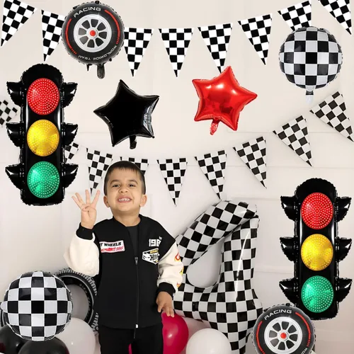 Vista 6 de Decoraciones de fiesta de cumpleaños de autos de carreras, globos de semáforo de 32 pulgadas, pancarta a cuadros, globos de neumáticos