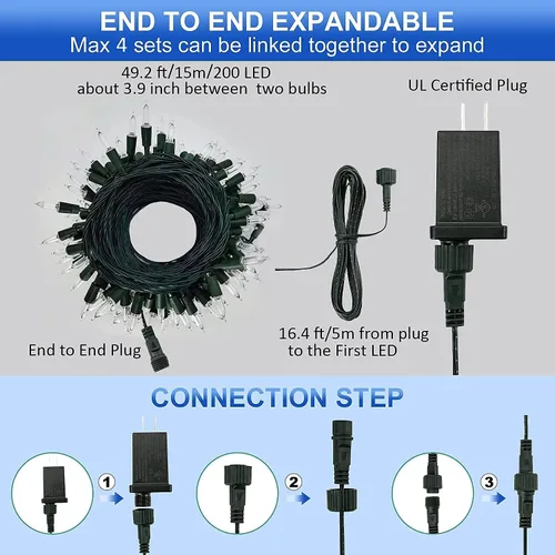 Vista 4 de 200 luces LED de Navidad, 66 pies 4 de julio, luces de hadas blancas enchufables, 8 modos de cable verde conectable para interiores, exteriores