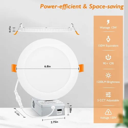 Vista 8 de BesLowe Paquete de 6 luces LED empotrables para techo de 6 pulgadas, 5 CCT, ultradelgadas, con caja de conexiones, 12 W, equivalentes a 150 W, 3000