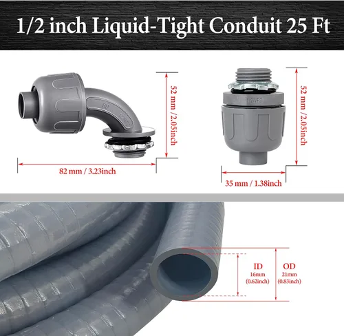 Vista 2 de Conducto hermético a líquidos, kit de conducto eléctrico flexible no metálico de 1/2 pulgada y 25 pies, con 4 conectores de conducto rectos y 3