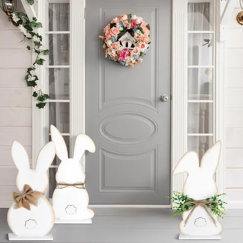 Vista 5 de Vercraft 3 piezas de decoraciones de Pascua para exteriores para porche, grande, de madera, conejito de Pascua, letrero rústico de primavera