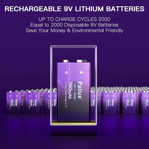 Vista 4 de Pallus Baterías recargables de 9 voltios de iones de litio de 9 V y 760 mAh, baterías de iones de litio de 2 unidades USB de 9 V con cable de carga