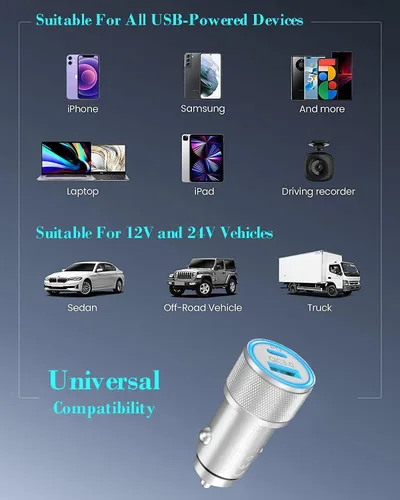 Vista 8 de USB-C Car Charger Fast Charging, Veetone 2Pack 66W PD&QC3.0 All Metal Type-C Power Cigarette Lighter USB Charger for iPhone 15/15 Plus/15 Pro/15 Pro