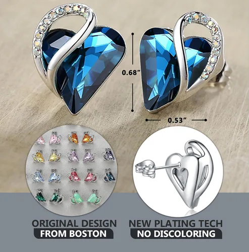 Vista 3 de Leafael - Aretes de tuerca de cristal con piedra natal de corazón infinito para mujer, joyería en tono plateado para niñas, regalos de cumpleaños