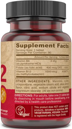 Vista 3 de DEVA Suplemento vegano de disolución rápida de vitamina B12, complejo una vez al día con 1000 Mcg de metilcobalamina B12, ácido fólico, B6, sabor a