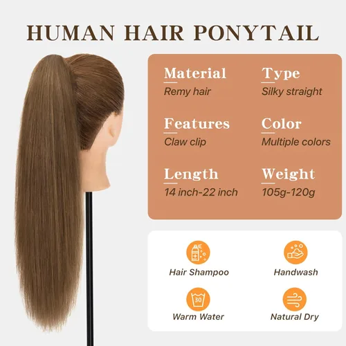 Vista 8 de Extensión de Cola de Caballo con Clip de Garra, Extensión de Cola de Caballo 100% Cabello Humano, Sin Enredos y Suave, 105g, 14 Pulgadas #Rubio