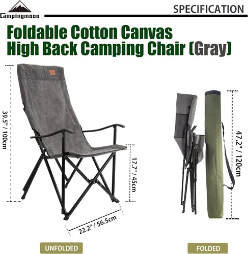 Vista 3 de CAMPINGMOON - Silla plegable de lona de algodón para campamento con respaldo alto, color gris F-1001C-H