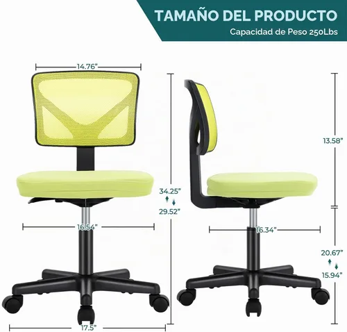Vista 3 de DUMOS Sillas de oficina pequeñas con ruedas, ergonómicas ajustables para escritorio en casa, silla giratoria con ruedas, sin brazos, cómoda malla