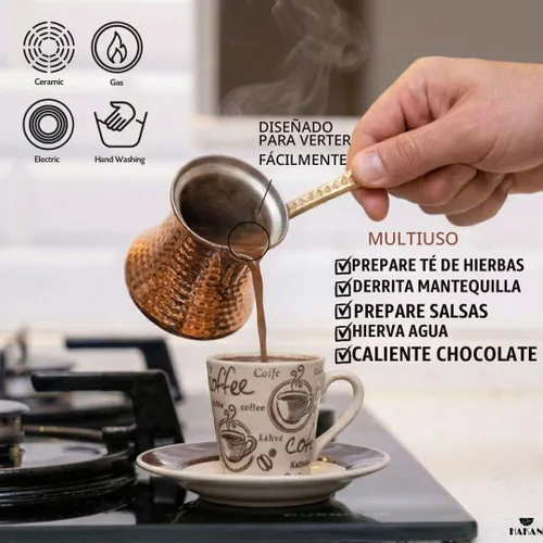 Vista 6 de Cafetera turca Hakan Hervidor de agua para estufa, cafetera, calentador de mantequilla, chocolate y leche Calentamiento uniforme y rápido