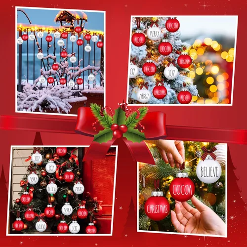 Vista 6 de Adornos de bola de Navidad Liliful con patrón alegre, decoración para árbol de Navidad con lazos de cuadro de búfalo colgantes, decoración rústica