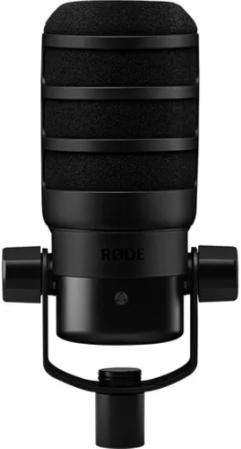 Vista 2 de Rode PodMic Micrófono dinámico USB y XLR para podcasting, paquete negro con filtro pop + soporte de micrófono de escritorio + cable XLR + paño