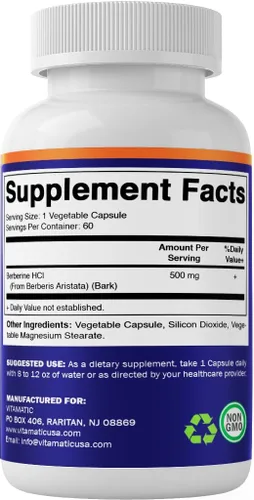 Vista 8 de Vitamatic Suplemento de berberina de 500 mg, 60 cápsulas vegetales, fabricado en los Estados Unidos, sin gluten, sin OMG (1 botella)