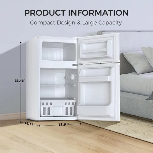 Vista 5 de Kismile Mini refrigerador con congelador, mini refrigerador compacto de 3.2 pies cúbicos con doble 2 puertas, temperatura ajustable, tamaño completo