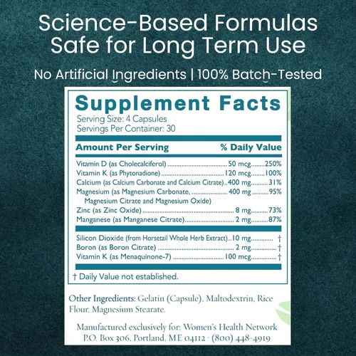 Vista 4 de Better Bones Basics de Women's Health Network - Calcio, magnesio, zinc, vitamina D, vitamina K, manganeso y boro, 120 cápsulas