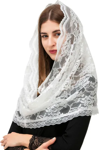 Vista 4 de PAMOR Infinity Chapel Veil Floral Latin Mass Head Cover Lace Scarf Mantilla Velos para Iglesia