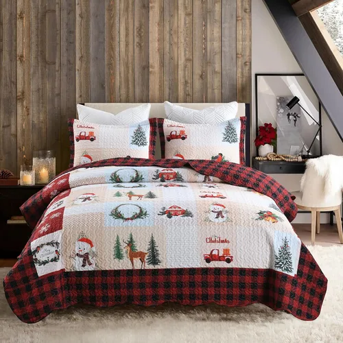Vista 3 de Juego de edredón navideño de 3 piezas con estampado de reno rústico de Navidad, juego de ropa de cama (individual)