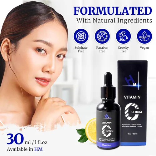 Vista 6 de Suero de vitamina C HM con ácido hialurónico, vitamina E y 1 por ciento de ácido kójico, antienvejecimiento e iluminador, reduce las arrugas