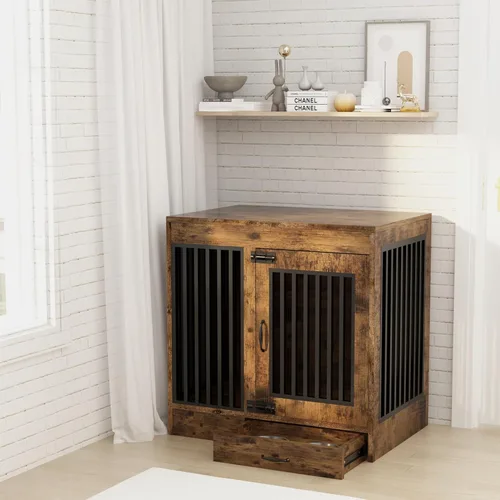 Vista 7 de yookare Jaula para perros con muebles de color marrón rústico, jaula de madera y metal, mesa auxiliar de casa para mascotas con cajón y diseño