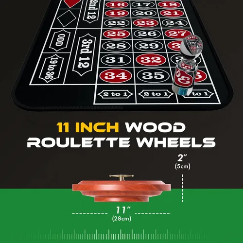 Vista 2 de Juego de ruedas de ruleta de 11 pulgadas para adultos con tapete de mesa de ruleta de goma de 35 x 16 pulgadas, rueda de ruleta de madera de 11