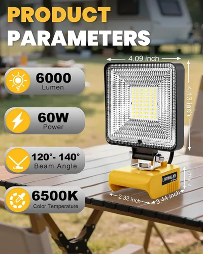 Vista 2 de LIVOWALNY Luces de trabajo LED de 60 W compatibles con batería Dewalt, 2 linterna de 6000 lm con puerto de salida USB A y USB C, protección de bajo