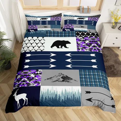Vista 2 de jejeloiu Juego de ropa de cama de oso tamaño Queen para niños y niñas, adolescentes, funda de edredón rústica para niños, niñas, adolescentes, funda