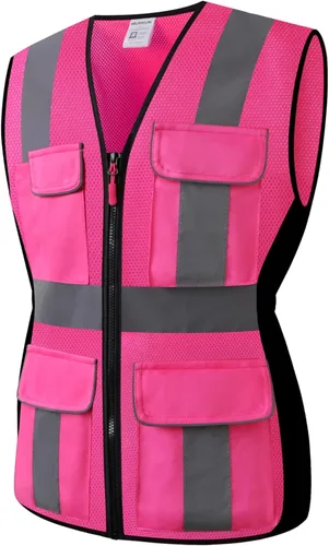 Vista 10 de Chaleco de seguridad para mujeres, chaleco de trabajo reflectante de alta visibilidad con 9 bolsillos múltiples y cremallera