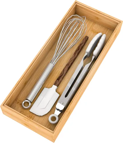 Vista 9 de Organizador de utensilios de cubiertos, organizador de cajones de cubiertos – Soporte apilable de bambú para cubiertos, bandejas de almacenamiento