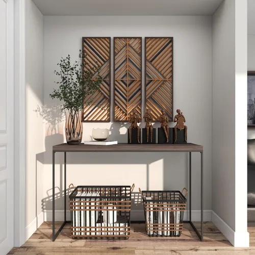 Vista 8 de Deco 79 Decoración de pared geométrica de madera para el hogar, diseño de madera, escultura de pared, juego de 3 arte de pared de 12 pulgadas