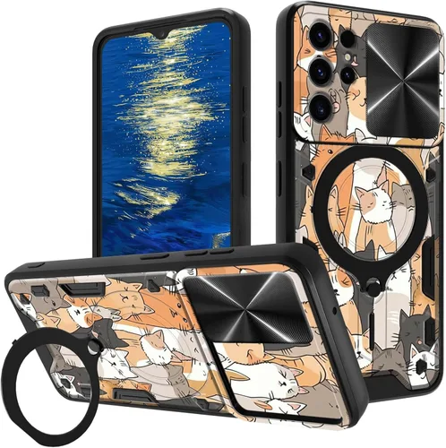 Vista 48 de for Samsung Galaxy A35 5G Phone Case 6.6" with Slide Camera Cover & 360 Degree Rotate Ring Stand Kickstand A Black Cat Dual Layer Hybrid Heavy Duty