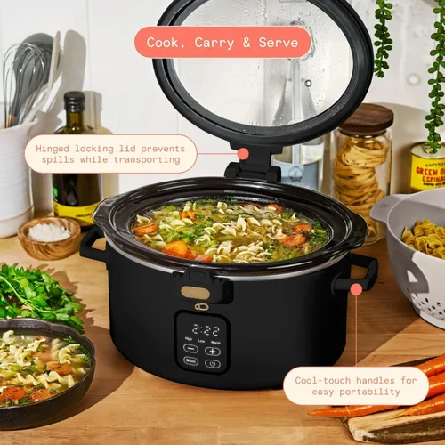 Vista 5 de Olla de cocción lenta programable de 4 cuartos con tapa con bisagras, pantalla táctil, múltiples ajustes de calor, ideal para comidas familiares