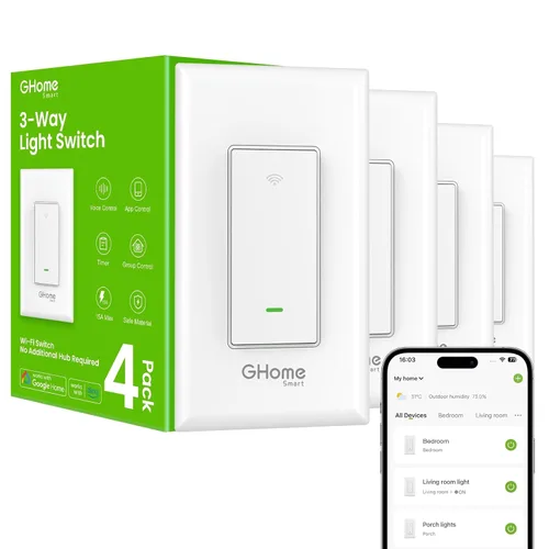 Vista 8 de GHome Smart Interruptor, interruptor Wi-Fi de luz de 3 vías compatible con Alexa y Google Home, temporizador de programación de 2.4 GHz, requiere