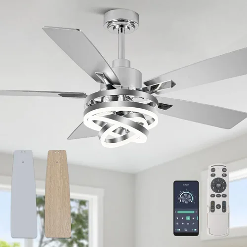 Vista 11 de Ventilador de araña de 52" con luces, ventilador de techo moderno negro con motor CC reversible para interiores, ventilador de techo