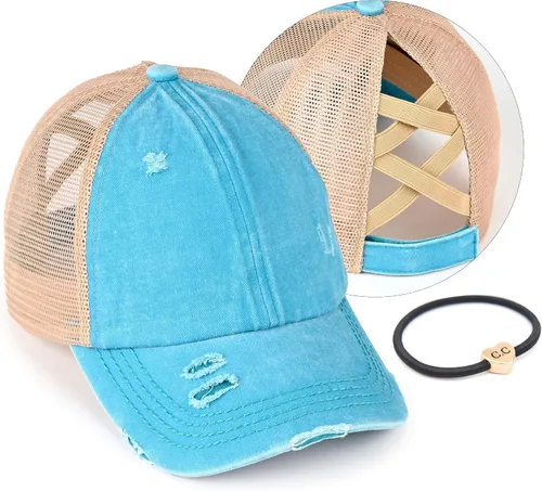 Vista 68 de C.C Gorra de béisbol de malla con diseño de estrella brillante, gorra de camionero ajustable para moño o cola de caballo Una banda elástica-negro