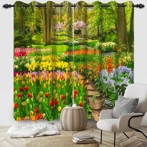 Vista 78 de Cortinas opacas para ventana con vista de cascada, día soleado, amanecer, primavera, paisaje natural, cortinas de ventana con aislamiento térmico