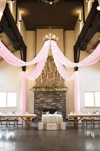 Vista 6 de Cortinas de techo rosas de gasa, 6 paneles, cortina de techo de 5 x 10 pies, para ceremonia, arco, fiesta, escenario, decoración de boda