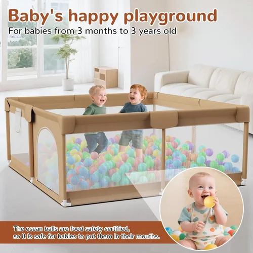 Vista 8 de Corralito grande para bebés de 71 x 59 pulgadas, corralito para bebés y niños pequeños con 50 bolas oceánicas y 2 asas, área de juego resistente