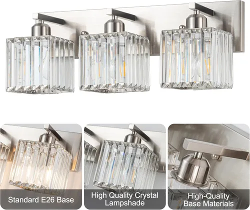 Vista 7 de Moderna lámpara de tocador de baño, 3 luces, moderna lámpara de baño de cristal cromado sobre espejo, iluminación de tocador de baño cromada