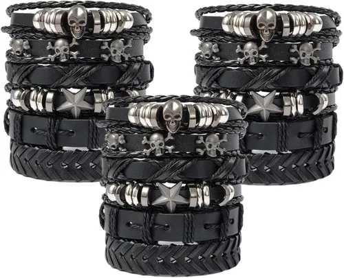Black Leather Bracelet, 6Pcs/Set Adjustable Braided Soft Elastic Goth Bracelets, Rock Punk Halloween Skull Bracelet for Men Women